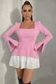Rochie Scurta de Dama,  cu Maneci Lungi Crapate si Poplin Alb, Mynelly, Roz