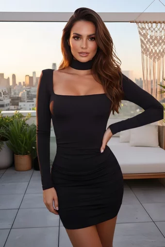 Rochie Scurta de Dama, cu Maneci Lungi, din Lycra, Noir, Neagra