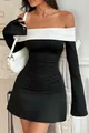 Rochie Scurta de Dama, cu Maneci Lungi Evazate si Guler Rasucit, in Contrast, Douglla, Neagra