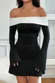 Rochie Scurta de Dama, cu Maneci Lungi Evazate si Guler Rasucit, in Contrast, Douglla, Neagra