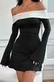 Rochie Scurta de Dama, cu Maneci Lungi Evazate si Guler Rasucit, in Contrast, Douglla, Neagra