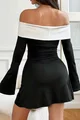 Rochie Scurta de Dama, cu Maneci Lungi Evazate si Guler Rasucit, in Contrast, Douglla, Neagra