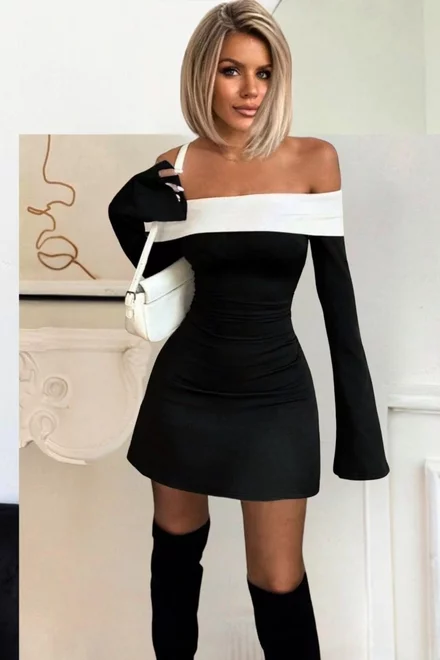 Rochie Scurta de Dama, cu Maneci Lungi Evazate si Guler Rasucit, in Contrast, Douglla, Neagra