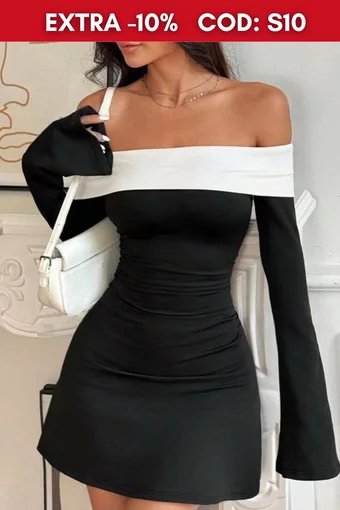 Rochie Scurta de Dama, cu Maneci Lungi Evazate si Guler Rasucit, in Contrast, Douglla, Neagra