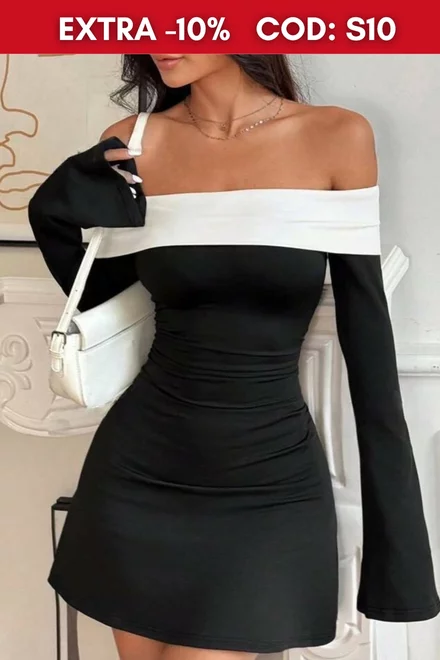 Rochie Scurta de Dama, cu Maneci Lungi Evazate si Guler Rasucit, in Contrast, Douglla, Neagra