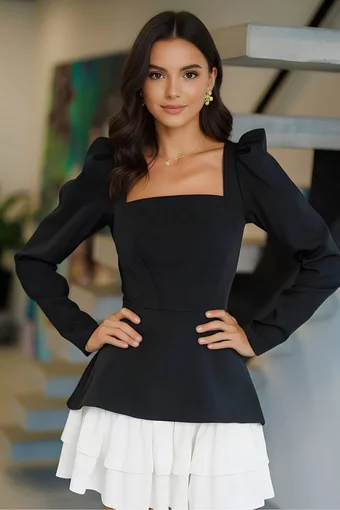 Rochie Scurta de Dama, cu Maneci Lungi si Poplin Alb, Glimmer, Neagra