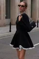 Rochie Scurta de Dama, cu Maneci Lungi si Tiv Alb in Contrast, Amenna, Neagra