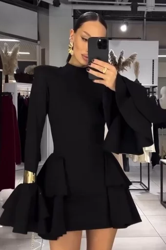 Rochie Scurta de Dama, cu Maneci Lungi Tip Clopot, Volane si Inchidere Fermoar, Denerrys, Neagra