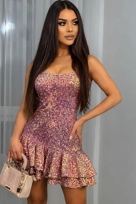 Rochie Scurta de Dama, cu Maneci Scurte, Asimetrica,Lyra, Roz