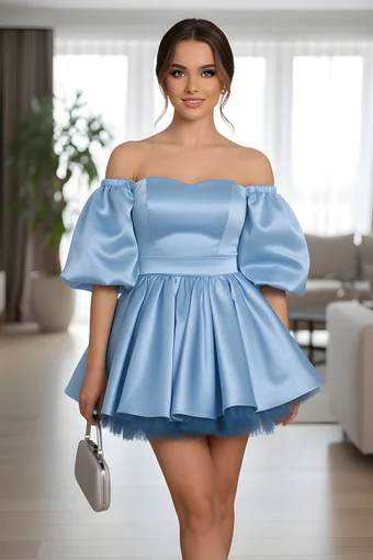 Rochie Scurta de Dama, cu Maneci Scurte Bufante, Baylleys, Bleu