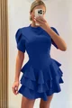 Rochie Scurta de Dama, cu Maneci Scurte Decorative Crapate si Volane, Jamilla, Albastra