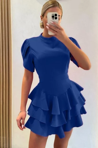 Rochie Scurta de Dama, cu Maneci Scurte Decorative Crapate si Volane, Jamilla, Albastra