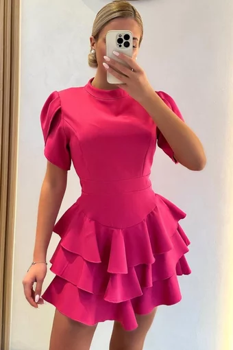 Rochie Scurta de Dama, cu Maneci Scurte si Volane, Georgya, Roz