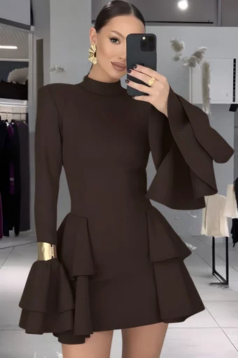 Rochie Scurta de Dama, cu Maneci Tip Clopot si Volane, Kristalyn, Maro Inchis