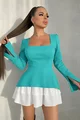 Rochie Scurta de Dama, cu Poplin Alb si Maneci Lungi Crapate, Vallerye, Turqoise