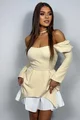 Rochie Scurta de Dama ,cu Poplin Alb si Maneci Lungi, Ivory, Bej