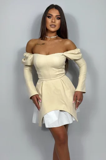 Rochie Scurta de Dama ,cu Poplin Alb si Maneci Lungi, Ivory, Bej