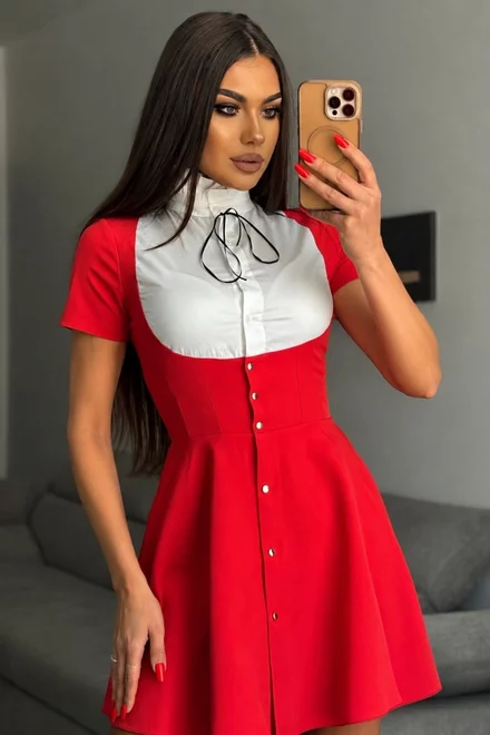 Rochie Scurta de Dama, cu Poplin Alb,Tip Sacou, Nira, Rosie
