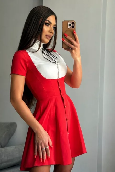 Rochie Scurta de Dama, cu Poplin Alb,Tip Sacou, Nira, Rosie