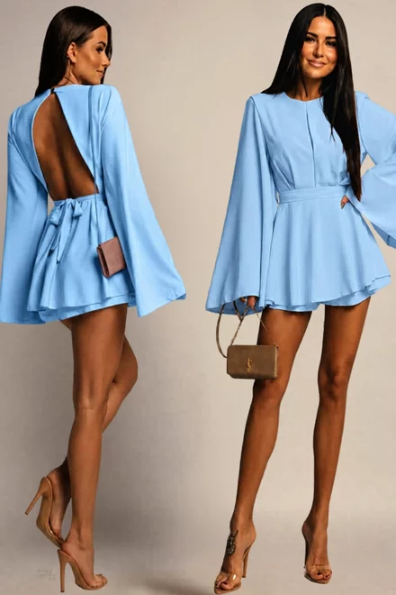 Rochie Scurta de Dama, cu Spate Gol si Maneci Lungi Evazate, cu Fusta-Pantalon, din Voal Mat, Elise, Albastra