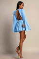 Rochie Scurta de Dama, cu Spate Gol si Maneci Lungi Evazate, cu Fusta-Pantalon, din Voal Mat, Elise, Albastra