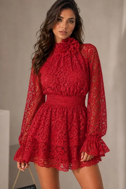 Rochie Scurta de Dama, cu Volane si Accesorizata cu Floare, Dalianne, Rosie