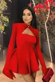 Rochie Scurta de Dama, Decupata pe Bust, cu Maneci Crapate Asimetrice, si Guler din Satin, Dragobett, Rosie