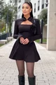 Rochie Scurta de Dama, Decupata pe Bust si Maneci Lungi Asimetrice, Accesorizata cu Trandafir , Noctura, Neagra