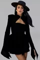 Rochie Scurta de Dama, Decupata pe Bust si Maneci Lungi Asimetrice, Kamary, Neagra