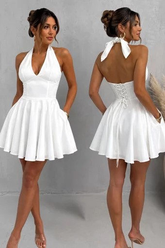 Rochie Scurta de Dama, din Bistrech, cu  Buzunare si Inchidere Corset Reglabil, Vaianna, Alba