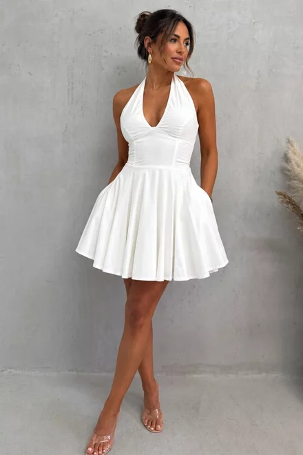 Rochie Scurta de Dama, din Bistrech, cu  Buzunare si Inchidere Corset Reglabil, Vaianna, Alba