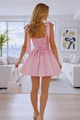 Rochie Scurta de Dama, din Bistrech, cu Corset Reglabil si Bretele Fundite,  Amara, Roz
