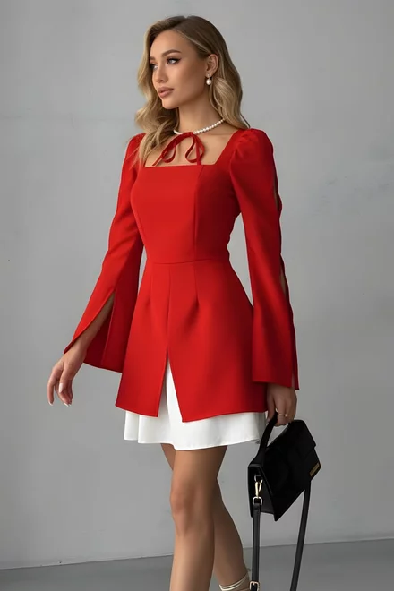 Rochie Scurta de Dama, din Bistrech, cu Maneci Crapate si Poplin Alb, Marynette, Rosie