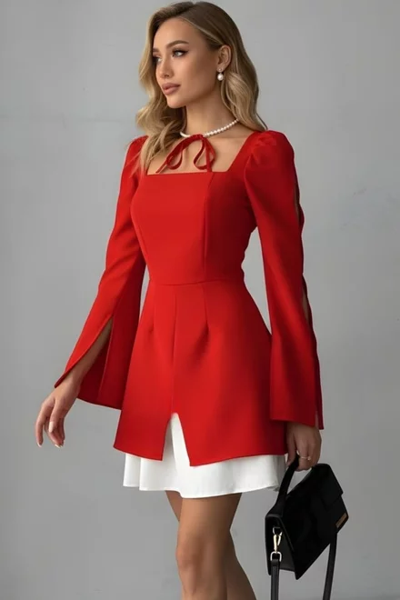 Rochie Scurta de Dama, din Bistrech, cu Maneci Crapate si Poplin Alb, Marynette, Rosie