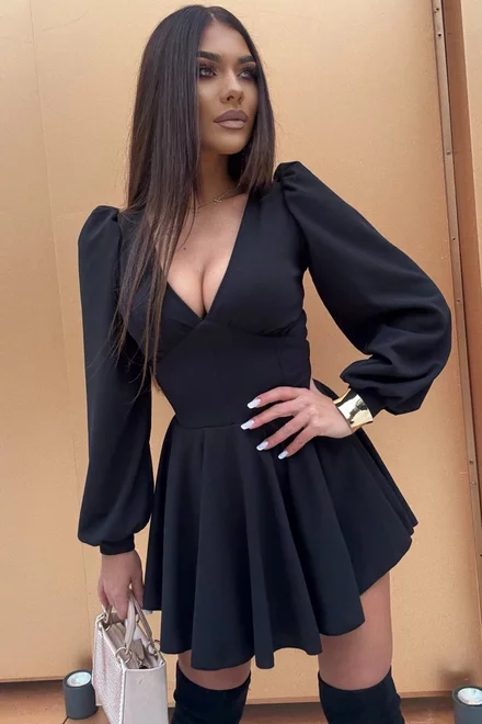 Rochie Scurta de Dama, din Bistrech, cu Maneci Lungi Bufante si Cusaturi Tip Corset, Lunariss, Neagra