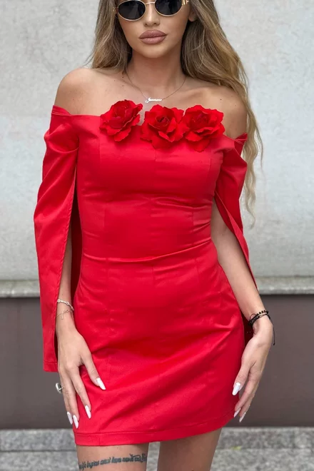 Rochie Scurta de Dama, din Bistrech, Cu Maneci Lungi Crapate si Accesorizata cu Flori Detasabile, Partysta, Rosie