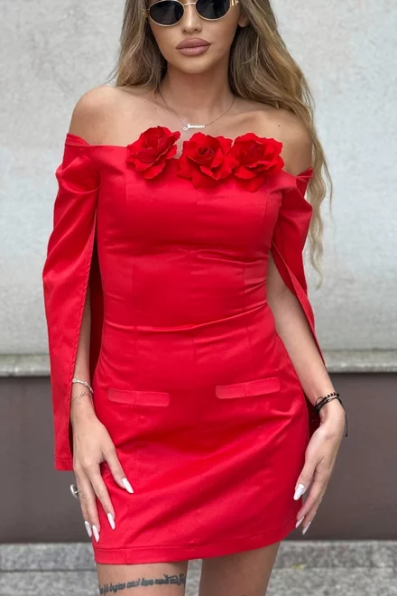 Rochie Scurta de Dama, din Bistrech, Cu Maneci Lungi Crapate si Accesorizata cu Flori Detasabile, Partysta, Rosie
