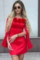 Rochie Scurta de Dama, din Bistrech, Cu Maneci Lungi Crapate si Accesorizata cu Flori Detasabile, Partysta, Rosie