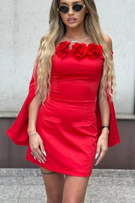 Rochie Scurta de Dama, din Bistrech, Cu Maneci Lungi Crapate si Accesorizata cu Flori Detasabile, Partysta, Rosie