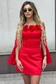 Rochie Scurta de Dama, din Bistrech, Cu Maneci Lungi Crapate si Accesorizata cu Flori Detasabile, Partysta, Rosie