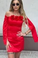 Rochie Scurta de Dama, din Bistrech, Cu Maneci Lungi Crapate si Accesorizata cu Flori Detasabile, Partysta, Rosie