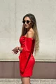 Rochie Scurta de Dama, din Bistrech, Cu Maneci Lungi Crapate si Accesorizata cu Fundite , Valenntin, Rosie