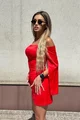 Rochie Scurta de Dama, din Bistrech, Cu Maneci Lungi Crapate si Accesorizata cu Fundite , Valenntin, Rosie