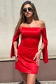 Rochie Scurta de Dama, din Bistrech, Cu Maneci Lungi Crapate si Accesorizata cu Fundite , Valenntin, Rosie