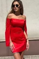 Rochie Scurta de Dama, din Bistrech, Cu Maneci Lungi Crapate si Accesorizata cu Fundite , Valenntin, Rosie