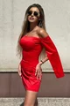 Rochie Scurta de Dama, din Bistrech, Cu Maneci Lungi Crapate si Accesorizata cu Fundite , Valenntin, Rosie