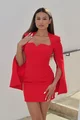 Rochie Scurta de Dama, din Bistrech, Cu Maneci Lungi Crapate si Decolteu Contur pe Sani, Valentinno, Rosie