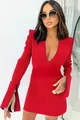 Rochie Scurta de Dama, din Bistrech, cu Maneci Lungi Crapate si Decolteu in V,  Matte, Rosie