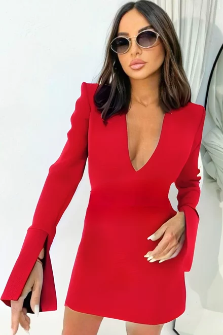 Rochie Scurta de Dama, din Bistrech, cu Maneci Lungi Crapate si Decolteu in V,  Matte, Rosie