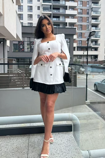 Rochie Scurta de Dama, din Bistrech, cu Maneci Lungi Crapate si Poplin Negru, Loudeer, Alba